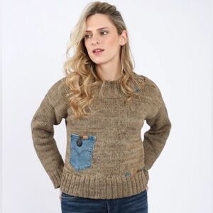 Shannon Passero Thelma Sweater Women’s Small Beige Knit Denim Pocket Cozy EUC